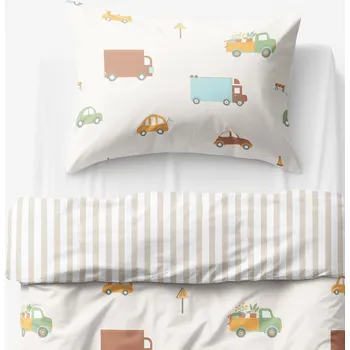 Povlečení Dětské bavlněné povlečení - Svět autíček s latte proužky 140 x 200 a 70 x 90 cm