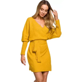 Dámské šaty M631 Zavinovací svetrové šaty s vázáním - medové EU L/XL