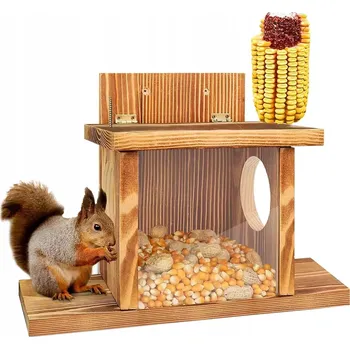 Obraz DŘEVĚNÉ KRMÍTKO DOMEČEK S DÁVKOVAČEM PRO VEVERKY A JINÁ ZVÍŘATA