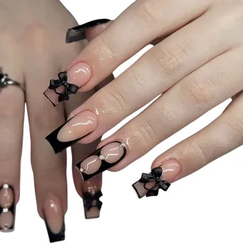 Umělé nehty Stylová sada 24 ks čtvercových francouzských umělých nehtů s mašličkou DIY pro ženy a dívky Dlouhotrvající tipy Elegantní domácí i salonová manikúra