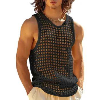 Pánské tílko Prodyšné pánské tílko Pletený děrovaný materiál Polyester Výstřih do O Jednobarevné provedení Lehký střih Letní nošení černá M