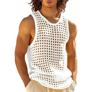Pánské tílko Prodyšné pánské tílko Pletený děrovaný materiál Polyester Výstřih do O Jednobarevné provedení Lehký střih Letní nošení bílá XXL
