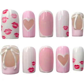 Umělé nehty Čtvercové umělé nehty 24 ks se zaoblenými rohy Valentýnská DIY sada s motivem srdcí Lepidlo a pilník Elegantní dlouhotrvající manikúra pro ženy a dívky