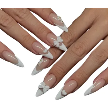 Umělé nehty Sada 24 ks dlouhých umělých nehtů Stiletto tvar s lepidlem a pilníkem Elegantní francouzská manikúra DIY styl pro ženy a dívky