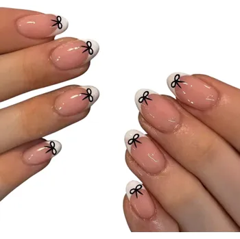 Umělé nehty Luxusní mandlové umělé nehty 24 ks se zaoblenými rohy Francouzská manikúra s mašličkami DIY sada s lepidlem a pilníkem Elegantní tipy pro ženy