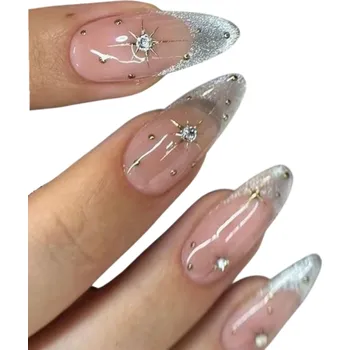 Umělé nehty Elegantní sada střední velikosti 24 ks třpytivých akrylových umělých nehtů mandlový tvar Nalepovací tipy pro domácí manikúru