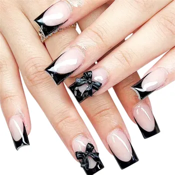 Umělé nehty Dekorativní francouzská sada 24 ks čtvercových umělých nehtů s mašličkou DIY pro ženy a dívky Dlouhotrvající elegantní tipy s lepidlem