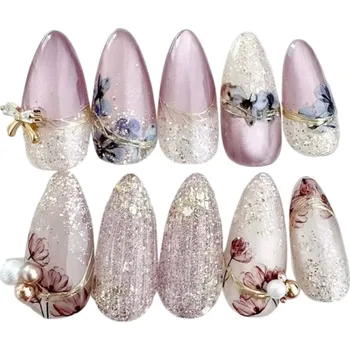 Umělé nehty Mandlový tvar střední velikosti 24 ks třpytivých akrylových umělých nehtů Nalepovací jemné tipy pro domácí manikúru