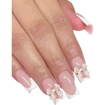 Umělé nehty Francouzská sada 24 ks čtvercových umělých nehtů DIY pro ženy a dívky Dlouhotrvající tipy s lepidlem Elegantní domácí i salonová manikúra