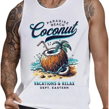 Pánské tílko Tropické pánské tílko Polyesterový materiál Výstřih do O Motiv kokosu a pláže Letní barevný design Lehký rovný střih bílá L
