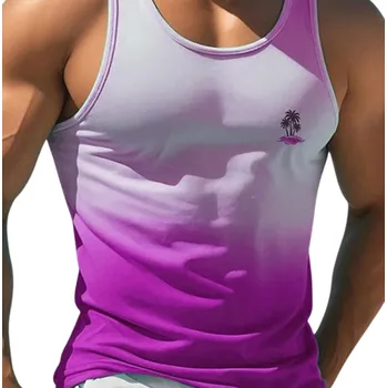 Pánské tílko Duhové pánské tílko Polyesterový materiál Výstřih do O Potisk palmy na prsu Letní design Lehký střih Na volný čas růžová S