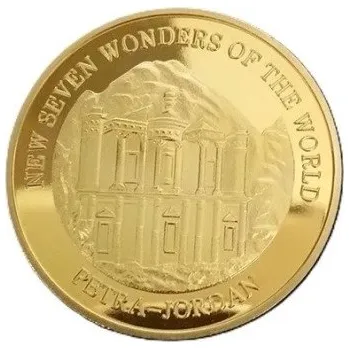 Sběratelství Sběratelská mince 4 cm pozlacená Sedm divů světa Skalní město Petra Jordánsko pamětní dekorativní mince