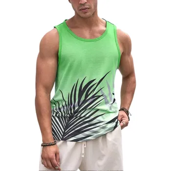 Pánské tílko Zelené pánské tílko Polyesterový materiál Výstřih do O Motiv palmového listu Lehký rovný střih Letní styl Na volný čas XXL