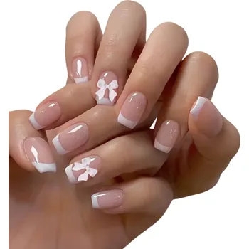 Umělé nehty Elegantní sada krátkých umělých nehtů 24 ks s francouzskou manikúrou a mašličkami Hranatý tvar se zaoblením DIY pilník a lepidlo v balení