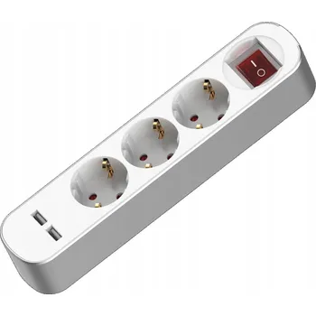 Napájecí kabel Prodlužovací Kabel se 3 zásuvkami 3x2p+UZ Schuko, 2xUSB a vypínačem, 3m, 230V, 16A, bílý
