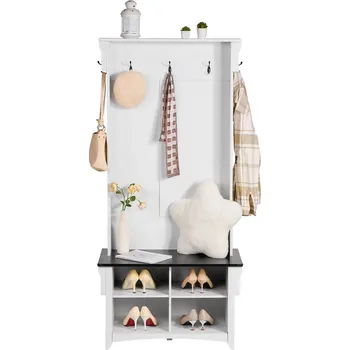 Věšák Vevor Předsíňový věšák s lavicí, 5 háčků, 4 zásuvky, do předsíně bílý