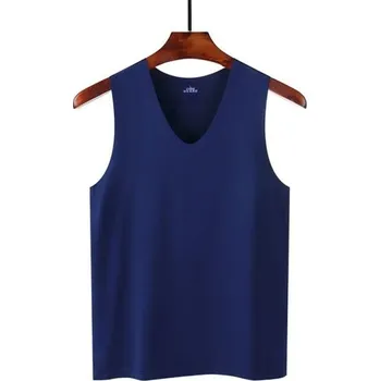 Pánské tílko Pánské tílko s výstřihem do V Jednobarevné tílko z polyesteru a hedvábí Lehký prodyšný materiál na léto a volný čas tmavě modrá S