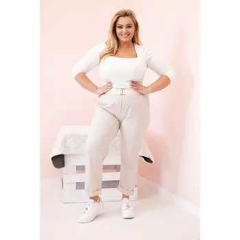 Dámské kalhoty Dámské bavlněné kalhoty Plus Size s páskem béžové Barva: Béžová, Velikost: XXL