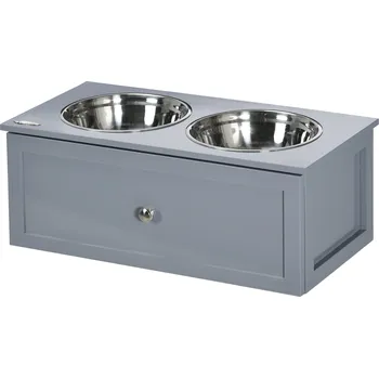 Miska pro psa PawHut zásuvková miska pro psy nerezová dvojitá miska pro středně velké psy, krmná stanice v šedé barvě, protiskluzový design | Aosom.de