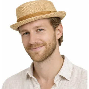 Klobouk Pánský slaměný klobouk Fiebig Pork Pie s úzkou krempou a koženou stuhou –béžový Velikost: 55 cm (S)