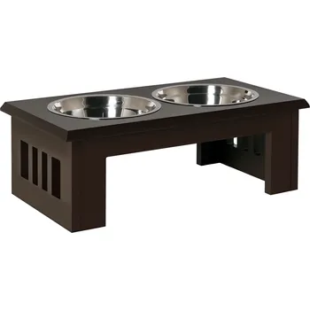 Miska pro psa PawHut Vyvýšená miska pro psy s nerezovými miskami, miska na krmivo z MDF v barvě kávy, 58,4 x 30,5 x 25,4 cm, ideální pro domácí zvířata | Aosom.de