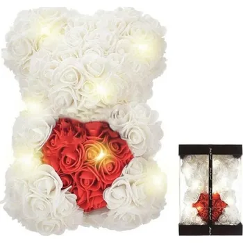 plyšák APT Medvěd z růží ze srdcem 25 cm, bílý