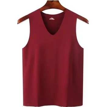 Pánské tílko Pánské tílko s výstřihem do V Jednobarevné tílko z polyesteru a hedvábí Lehký prodyšný materiál na léto a volný čas vínová M