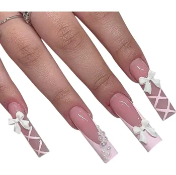 Umělé nehty Dlouhé čtvercové umělé nehty 24 ks Roztomilá DIY sada pro ženy a dívky Dlouhotrvající elegantní tipy s lepidlem a pilníkem Domácí i salonní manikúra