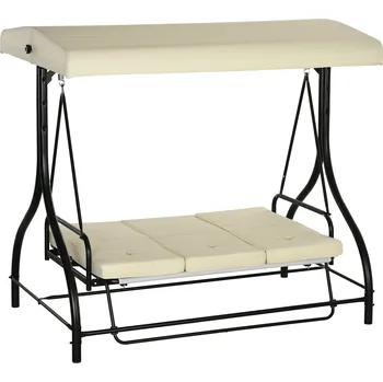 Zahradní houpačka Outsunny Outsuuny 2 v 1 hollywoodská houpačka s funkcí polohování 3místná zahradní houpačka s nastavitelnou stříškou proti slunci, nosnost houpací lavice až 240 kg, zahradní lehátko na zahradu, terasu, 195x117x175 cm, béžová barva