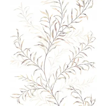 Tapeta TAPETA BÍLÁ S BÉŽOVO-ZELENÝMI LISTY ROSTLINNÝ MOTIV AKVARELOVÉ TAPETY