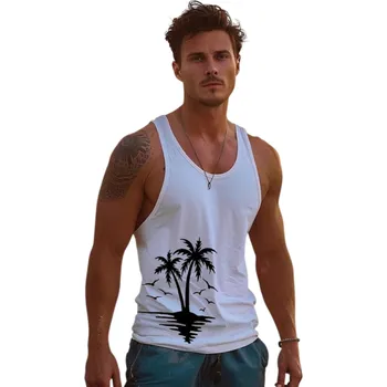 Pánské tílko Letní pánské tílko Polyesterový materiál Výstřih do O Motiv palem Lehký rovný střih Barevný design Na volný čas bílá M
