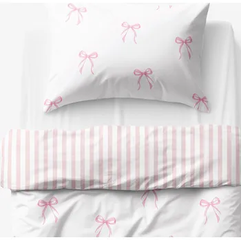 Povlečení Dětské bavlněné povlečení - Růžové mašličky s proužky 140 x 200 a 70 x 90 cm