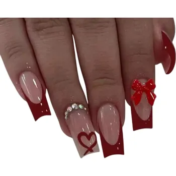 Umělé nehty Romantická francouzská sada 24 ks čtvercových umělých nehtů s mašličkou DIY pro ženy a dívky Dlouhotrvající tipy Elegantní domácí i salonová manikúra