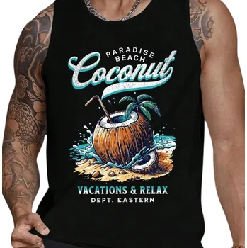 Pánské tílko Tropické pánské tílko Polyesterový materiál Výstřih do O Motiv kokosu a pláže Letní barevný design Lehký rovný střih černá M