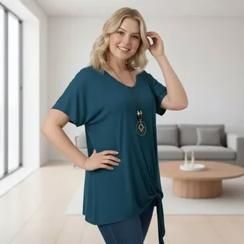 Dámské tričko Delší petrol triko Ela s náhrdelníkem pro plnoštíhlé