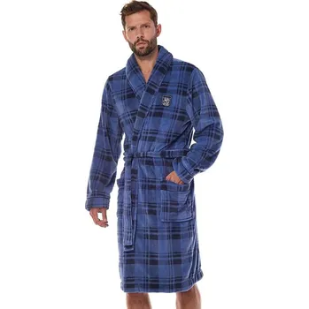 Dámské noční prádlo Pánský hřejivý župan Hero modrý káro s výšivkou - XXL