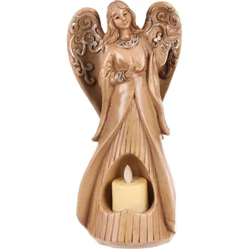 Vánoční dekorace Anděl pietní - polyresin, LED svíčka, béžovo-hnědý Barva: Béžová