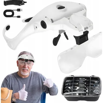 Lupa LUPA NA HLAVU S LED OSVĚTLENÍM PRO ČTENÍ, 5 VYMĚNITELNÝCH SKEL, NASTAVITELNÁ, USB, BÍLÁ