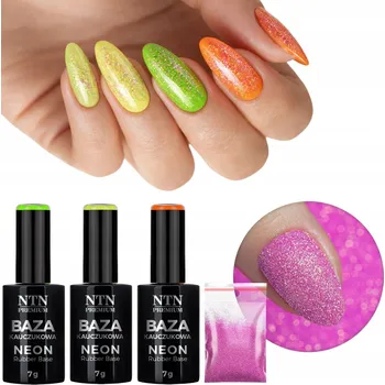 Lak na nehty 3x Báze 2v1 Neon Rubber Base + Třpytky Růžová SADA Pro Nehty Karnevalová