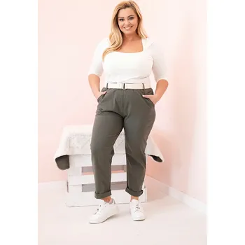 Dámské kalhoty Dámské bavlněné kalhoty Plus Size s páskem khaki Barva: KHAKI, Velikost: 6XL