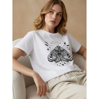 Dámské tričko Sinsay - Bavlněné oversize tričko s potiskem - bílá - 505EU-00M - 505EU-00M-L