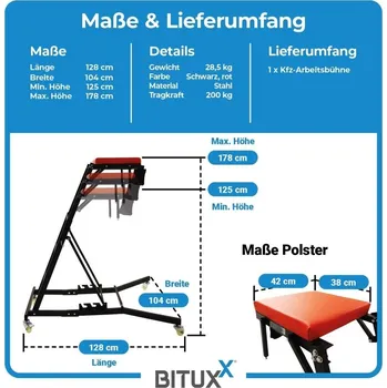 Stolička Vysoké montážní sedátko BITUXX, nastavitelné, na kolečkách, 200 kg M19545