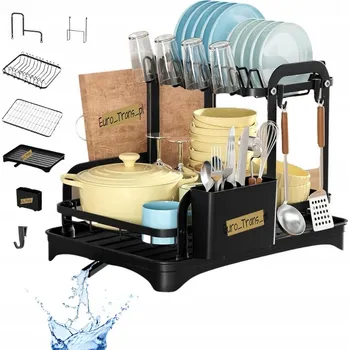 Odkapávač na nádobí Dvoupatrový ODKAPÁVAČ NA NÁDOBÍ s odtokem OCIEKACZ DO NACZYŃ Černý