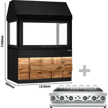 Sporák G.Gastro Plynový gril TORONTO - 1500mm - dřevěný přední panel - černá žulová pracovní deska - tepelně ochranné sklo