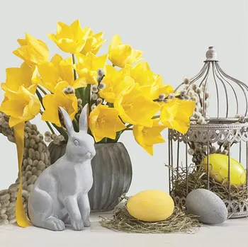 Papírový kapesník Pol-Mak Ubrousky MAKI L (20ks) Concrete Rabbit and Eggs with Yellow Tulips 615549