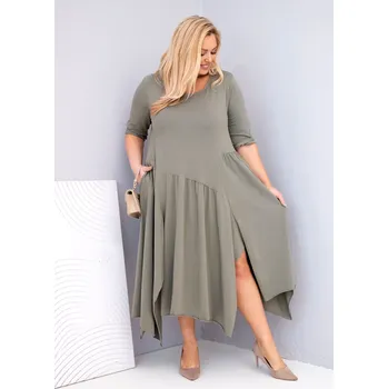 Dámské šaty Dámské bavlněné Plus Size šaty s asymetrickým lemem khaki Barva: KHAKI, Velikost: universal