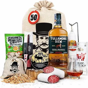 Dárkový potravinový koš Dárkové balení s irskou whisky Tullamoredew pro muže | Dárkový koš s whisky Tullamoredew