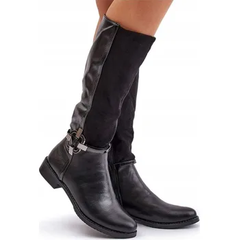 Dámské kozačky ČERNÉ KOZAČKY JEZZI ASA62-112 S PLOCHÝM PODPATKEM, NA ZIP, ZATEPLENÉ, S PŘEZKOU, VELIKOST 37