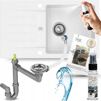 Granitový dřez DŘEZ kuchyňský GRANITOVÝ dřez bílý JEDNOKOMOROVÝ S ODKAPÁVAČEM + sifon