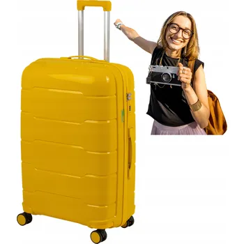 ŽLUTÝ VELKÝ KUFR Z POLYPROPYLENU LEHKÝ TVRDÝ MLÁDEŽNICKÝ 4 KOLEČKA